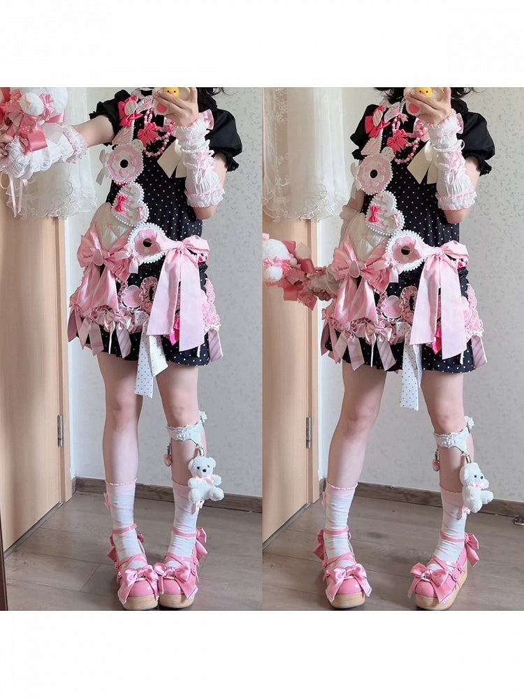 Polka Dot JSK in Black and Pink with Adjustable Straps and Bows - sedef