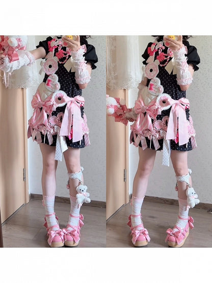 Polka Dot JSK in Black and Pink with Adjustable Straps and Bows - sedef