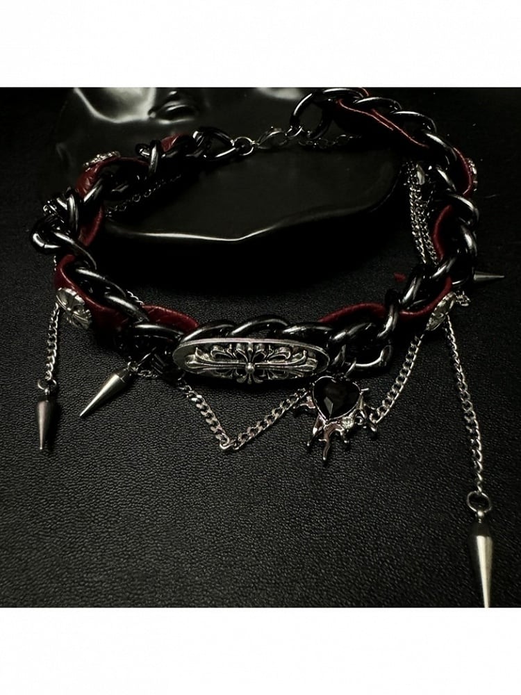 Punk Wine Red Spike Chain Choker - YSHXS