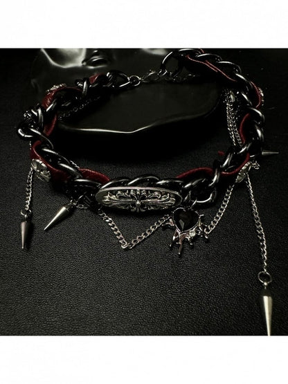 Punk Wine Red Spike Chain Choker - YSHXS