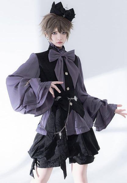 袖付きパープルネックラインのビショップ・ポエット・フリルブラウス