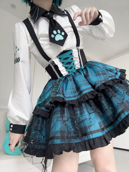 ロングパンクシャツ ルーシュロック 袖付き タイ付き ホワイト