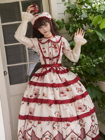 レッドのレースアップディテール、アップルとプリントの半袖トップス