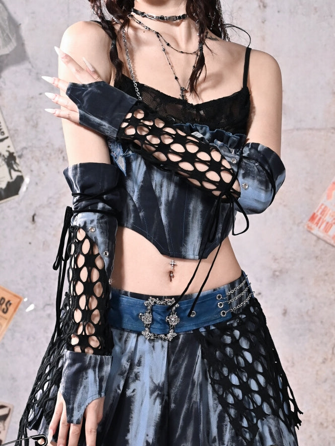 Patchwork Mesh Sleeves Punk Rock Blue Tie Dye Edgy - Virtual Orbit