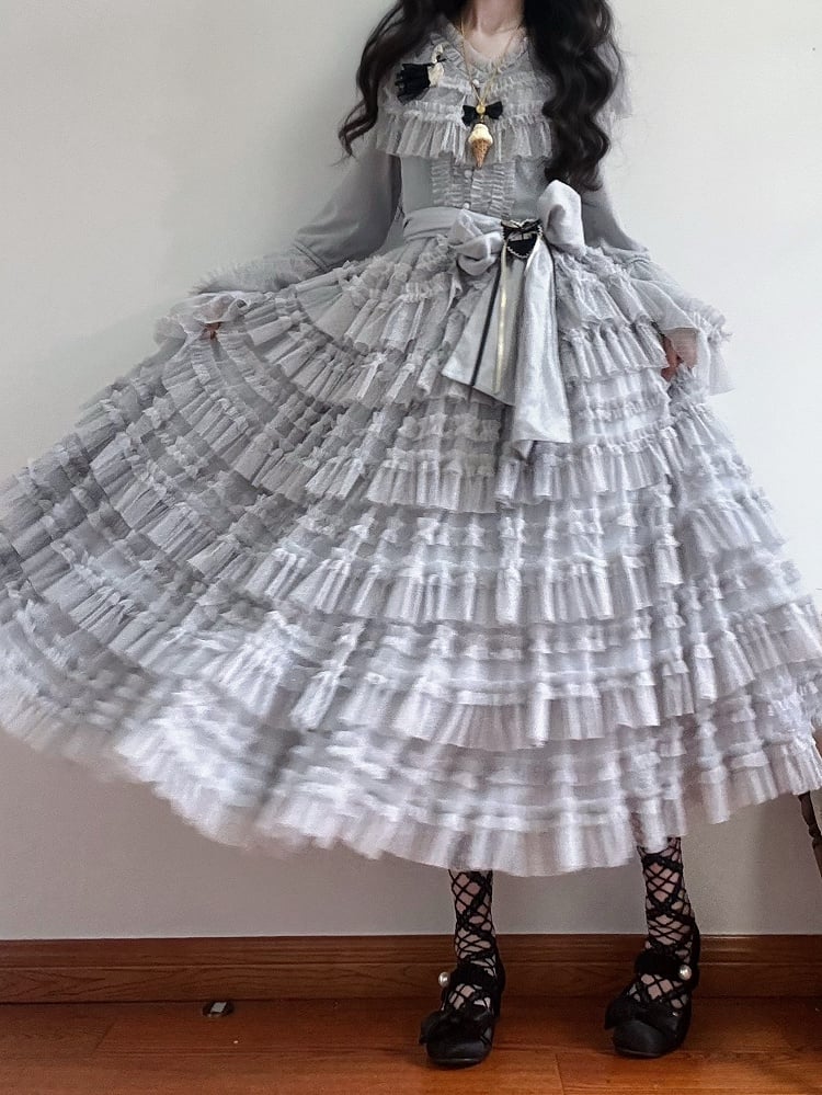 Elegant Bell Blouse Vest Belt Dotted + Sleeves Mesh Lolita Multi-layered Cotton Set Classic Waist - Skirt Tulle Gray