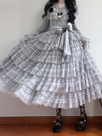 Elegant Bell Blouse Vest Belt Dotted + Sleeves Mesh Lolita Multi-layered Cotton Set Classic Waist - Skirt Tulle Gray