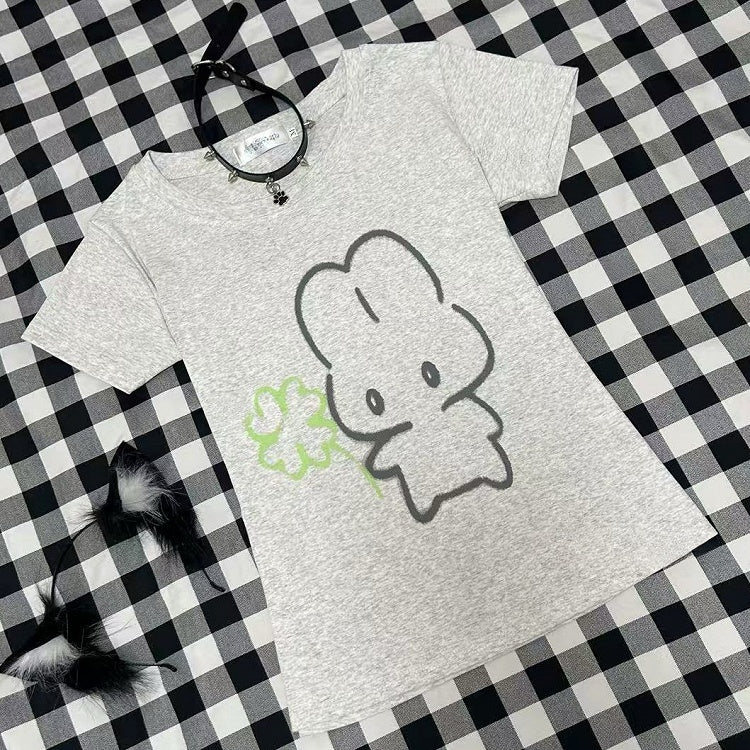 T-Shirt Print Jirai Puppy Kei Grau Hals Rund