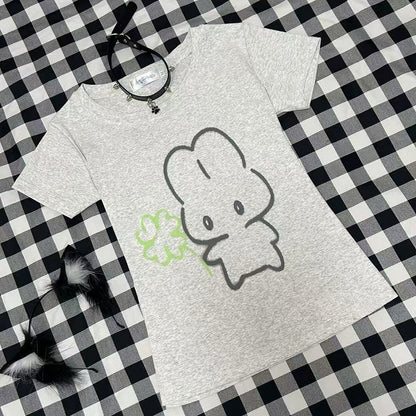T-shirt Print Jirai Puppy Kei Gray Neck Round