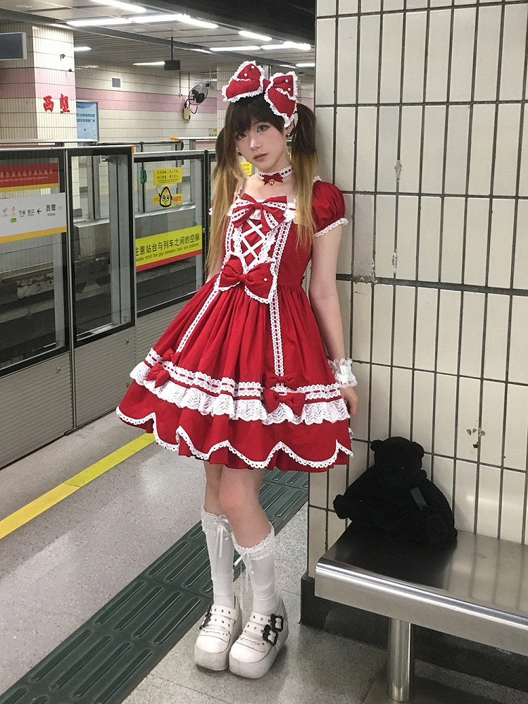 Old School Stück und Quadrat Kleid Baumwolle Kurze Rote Puffärmel Ein Ausschnitt Lolita