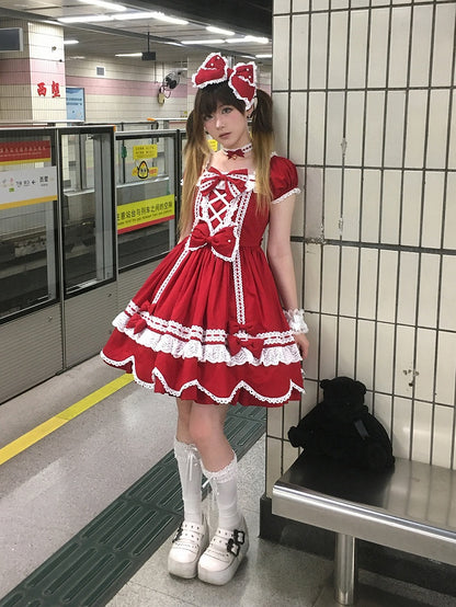 Old School Stück und Quadrat Kleid Baumwolle Kurze Rote Puffärmel Ein Ausschnitt Lolita