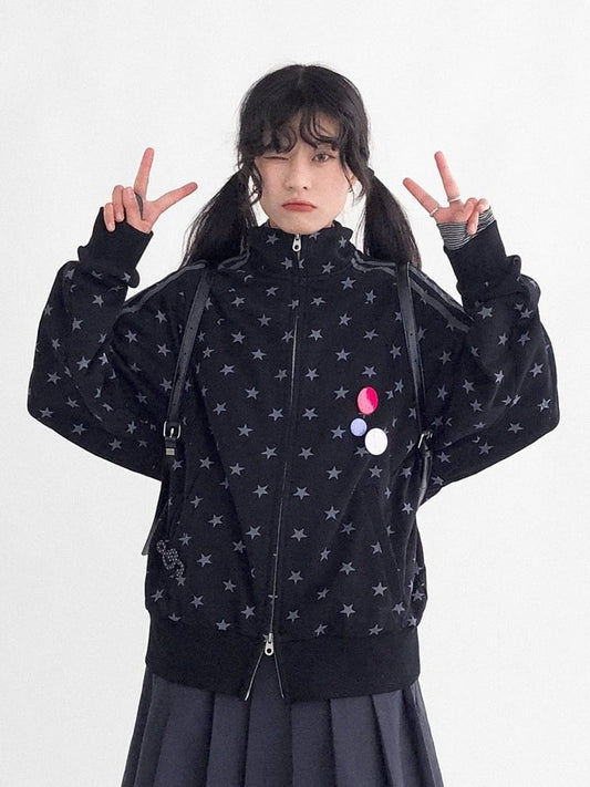 Collar Star Y2K Stand Motif Jacket Black with