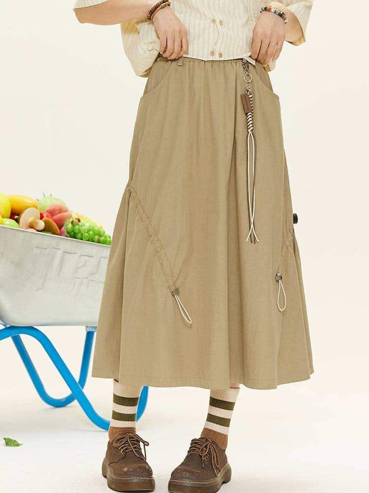 Vintage with Silhouette Design Drawstring Khaki Shirt A-Line