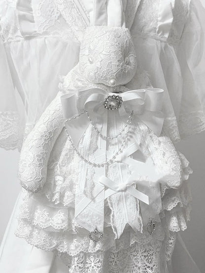 Bow with Bib Beaded Chains Tie White Jirai Kei