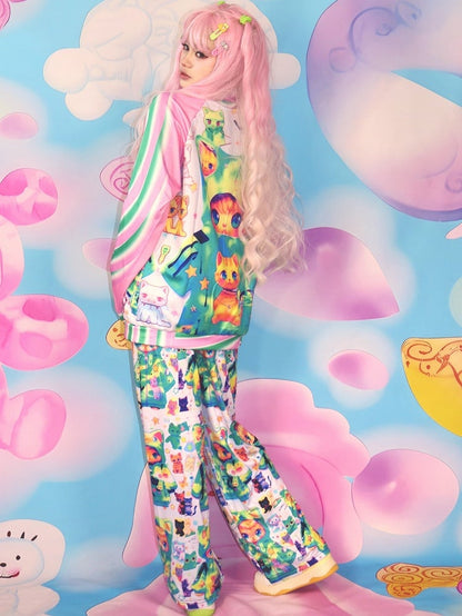 Print Cat Jacket Y2K PinkGreen