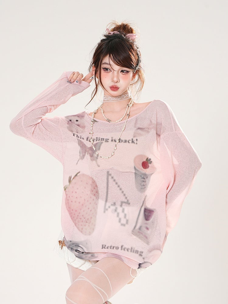 Erdbeerdruck Asymmetrischer Ausschnitt Weiß/Pink