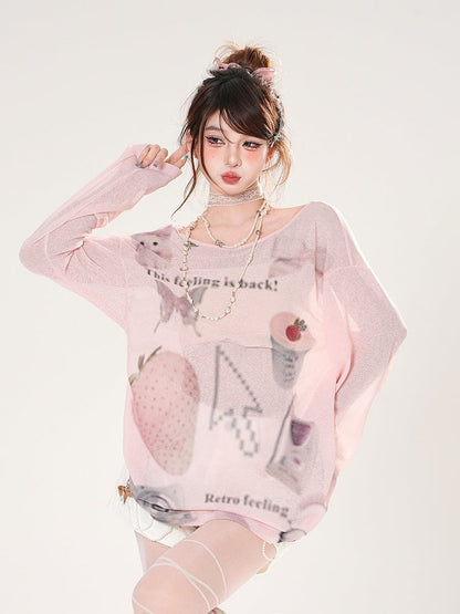 Erdbeerdruck Asymmetrischer Ausschnitt Weiß/Pink