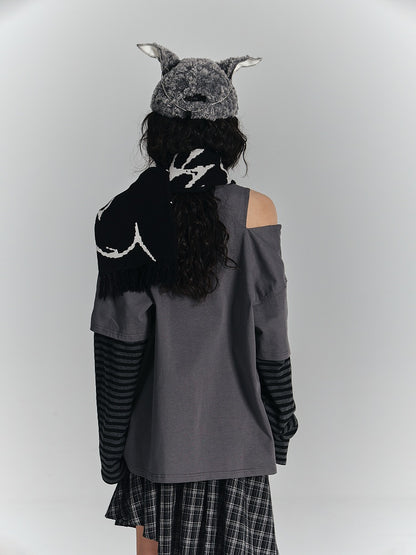 Print Skeleton with Black Scarf Red Punk Text