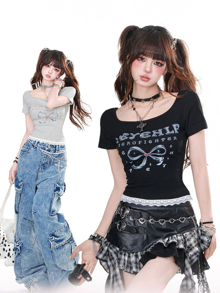 Black/Gray Bow Print Lace Trim Glamorous Cropped T-Shirt