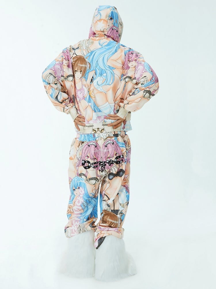 Closure Hoodie Colorful Cartoon Print Zip