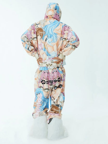 Closure Hoodie Colorful Cartoon Print Zip