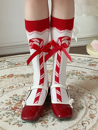 Christmas Red Candy Cane Bowknot Calf Socks