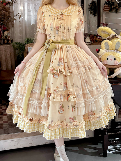 Sweet Bunny Yellow with and Sunflower Puff Lolita Overlay Dress Plaid Hem Sleeves Print