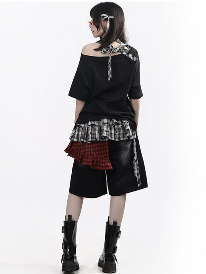 Black Asymmetrical Shoulder T-Shirt with Cartoon Print & Plaid Tie - PINK SAVIOR