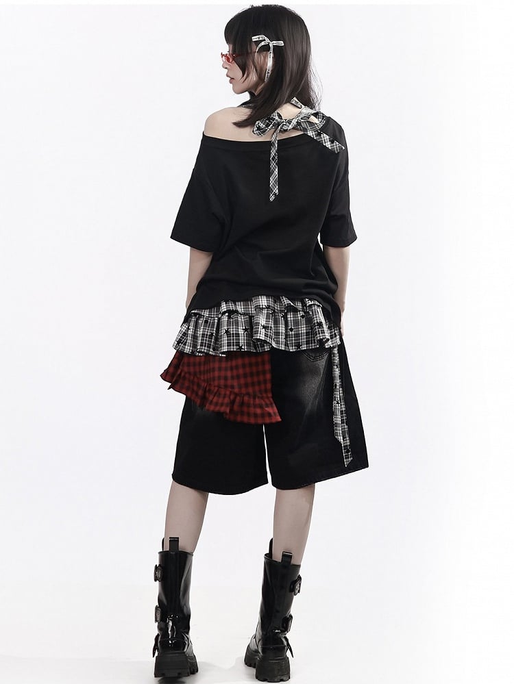 Black Distressed Denim Wide Leg Shorts with Leather Star Patches - PINK SAVIOR