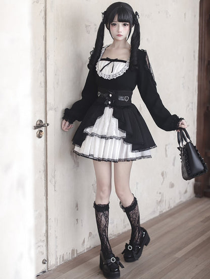 / Kei Lace White Waist Maid Cutouts Aesthetic Core Jirai Skirt High Shoulder Top - Black Tiered