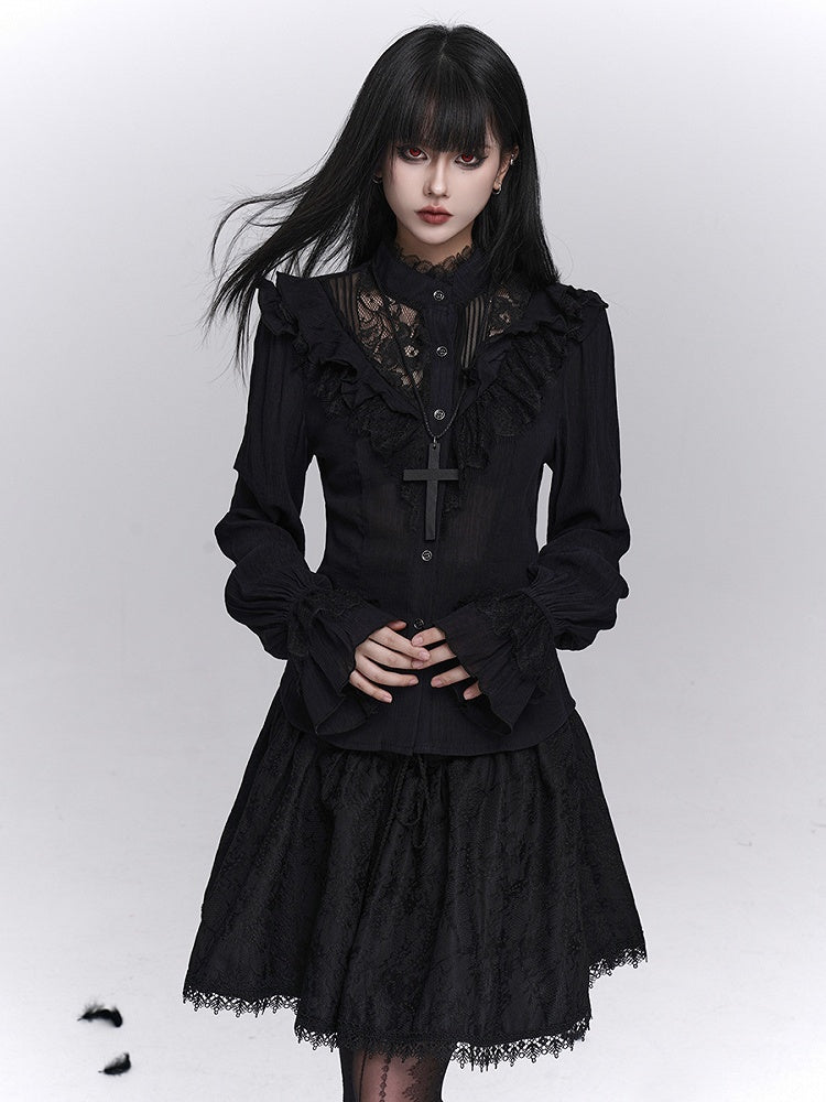 Long Cuffed Lace with Blouse Floral Gothic Embroidery Cutout Black Sleeves Sleeve