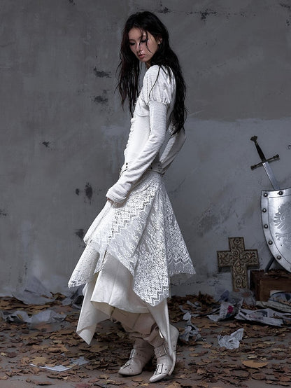 Punk Beige Juliette Sleeves Knit with Studded Dress Handkerchief Tiered Waist Hem