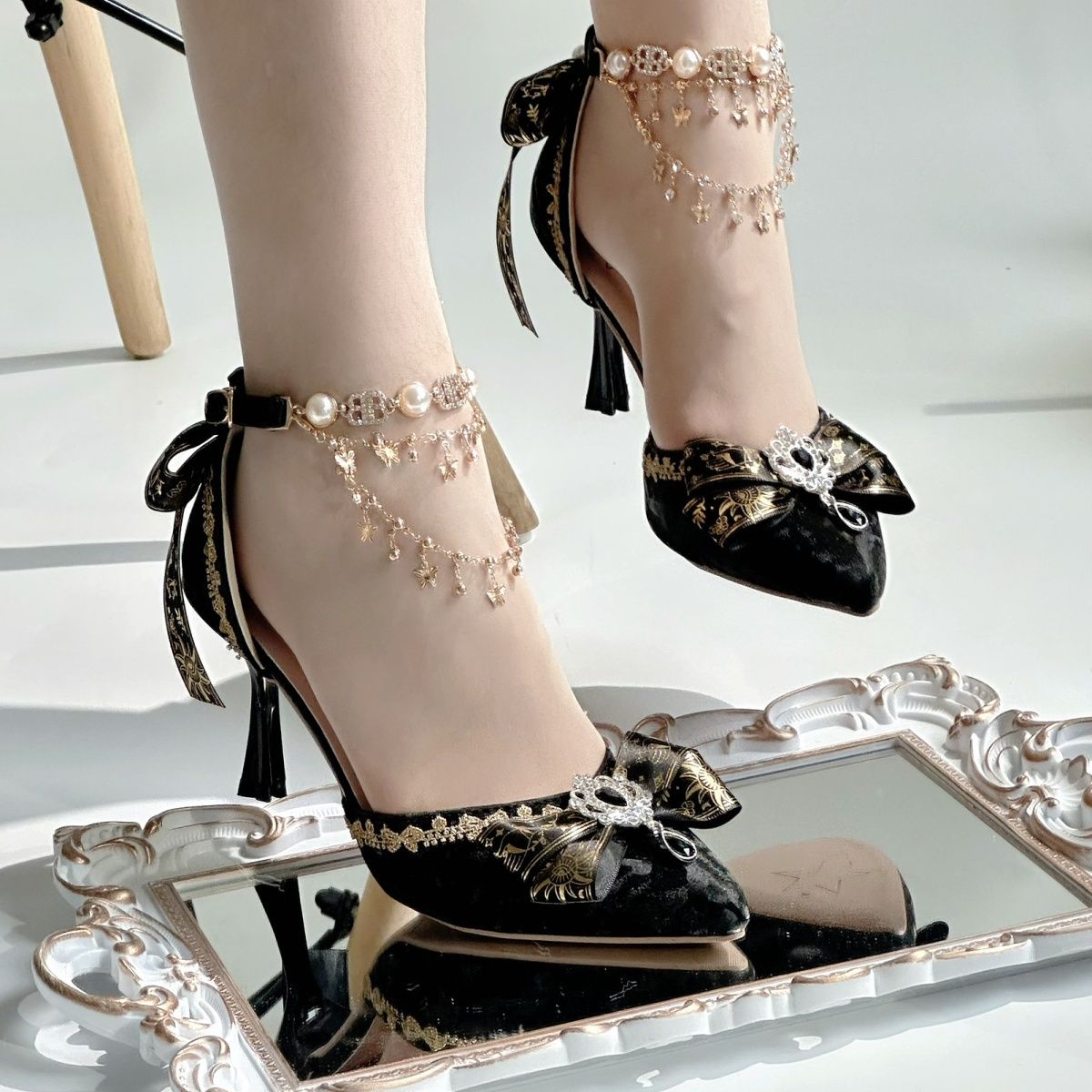 Jewel Crown Gothic Lolita Bridal Heels – Black Gold Dark Wedding Shoes | MiaoMiaoJiang