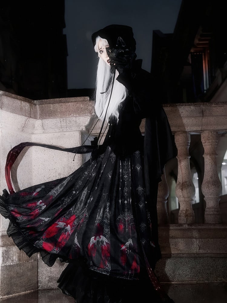 Black Pleat Red Angel Castle and Hem Box Gothic Print Skirt with Ruffled