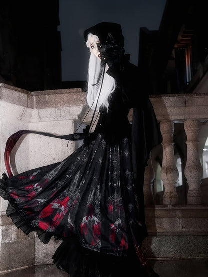 Black Pleat Red Angel Castle and Hem Box Gothic Print Skirt with Ruffled
