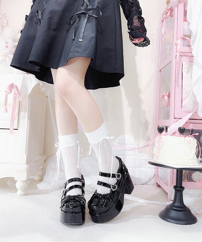 Polished Black Bow at Top Rhinestone Buckles Platform Mary Jane Shoes