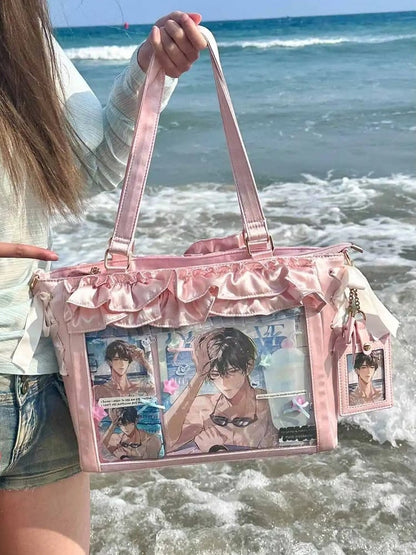 Mit Satin-Ita-Kartentaschenhalter, Schleife, rosa Riemen, Besätze, Rüschen zum Selbstbinden