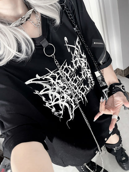 Thorn Gothic T-Shirtwith Chain Loose PrintDetachable White Black
