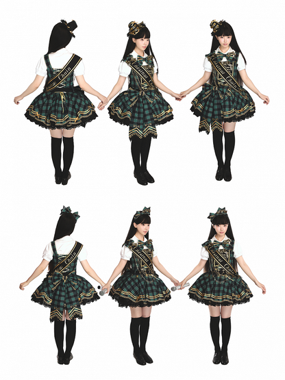 Green Idol Lolita Plaid JSK Dress with Golden Bear Embroidery and Black Scalloped Hem - LiLi Chain