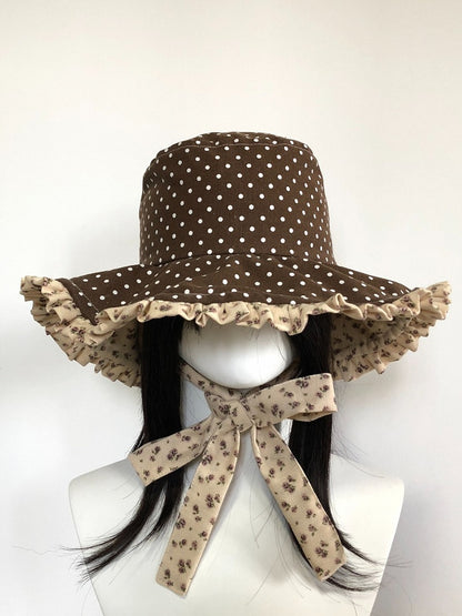 Brown Polka Dot Ruffle Bucket Hat Floral - freetrader