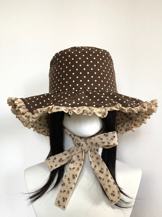 Brown Polka Dot Ruffle Bucket Hat Floral - freetrader