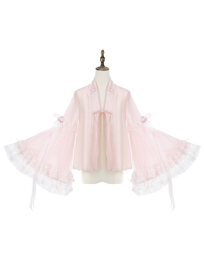 Adorable Pink Chinese Embroidery Bell-Sleeve Blouse - Yimu Walnut