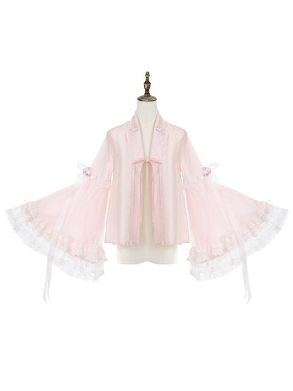 Adorable Pink Chinese Embroidery Bell-Sleeve Blouse - Yimu Walnut