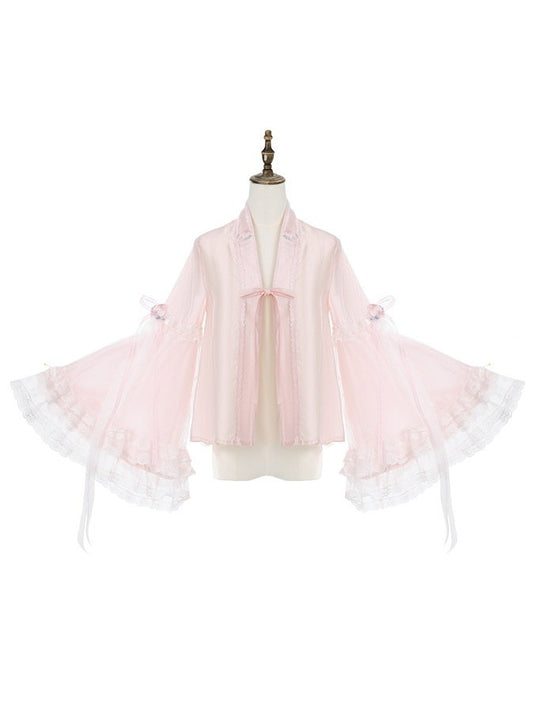 Adorable Pink Chinese Embroidery Bell-Sleeve Blouse - Yimu Walnut