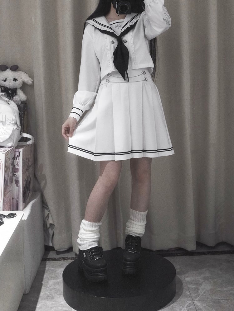 Sailor Set- Sleeves Uniform White Navycore JK Embroidered Collar Top Pleated Long Skirt +