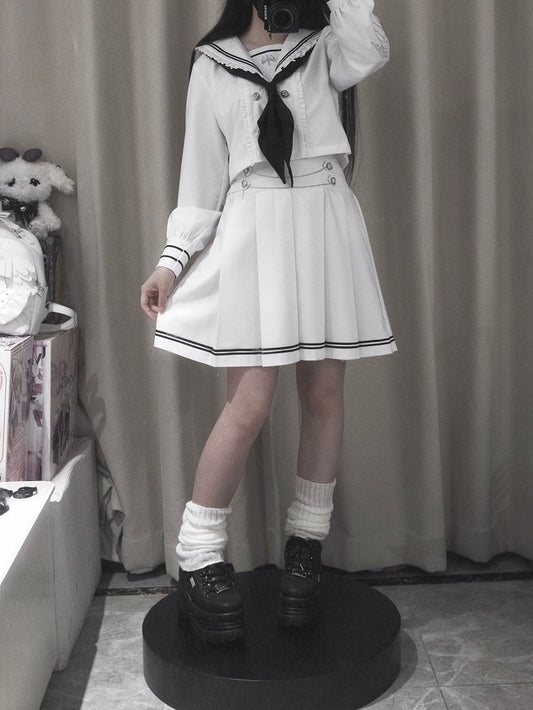 Sailor Set- Sleeves Uniform White Navycore JK Embroidered Collar Top Pleated Long Skirt +