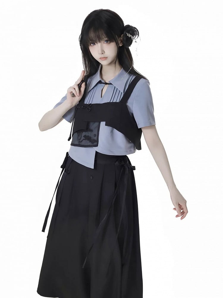 Cropped Shirt Blue Asymmetrical Hem Pleating Details Short Sleeves