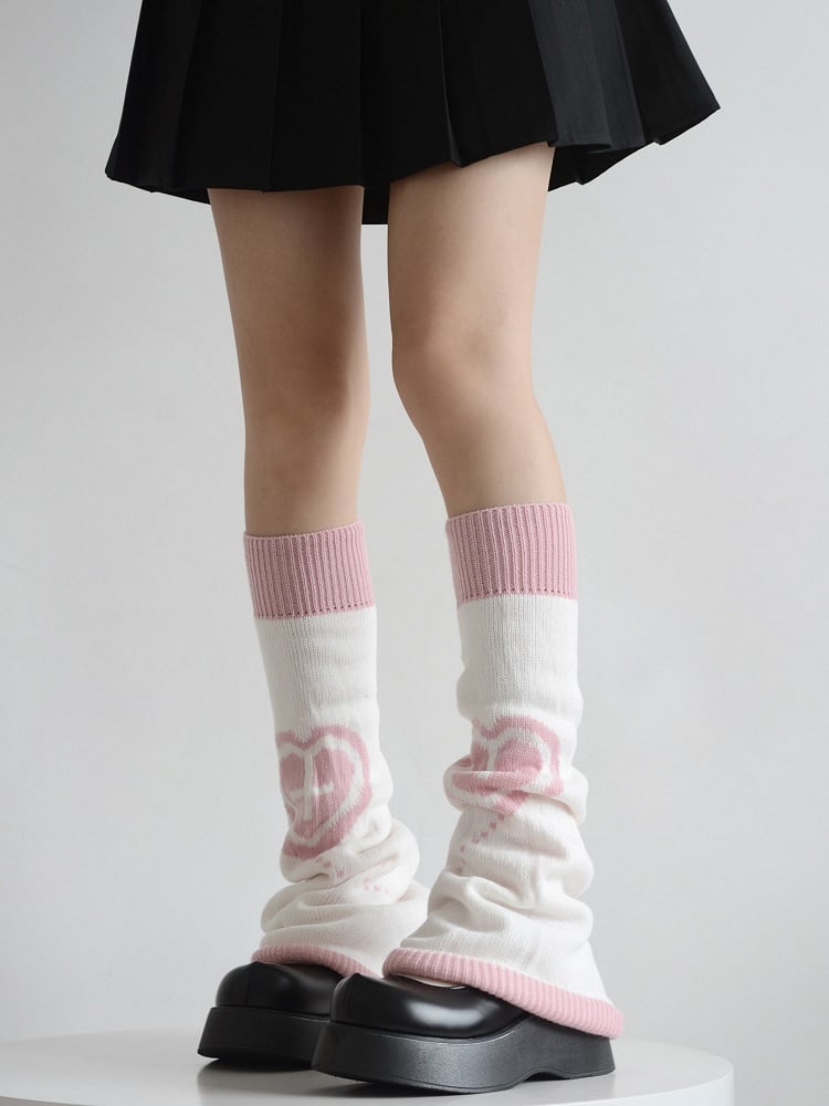 Pink Heart & Cross Pattern Black/White Flared Knitted Leg Warmers