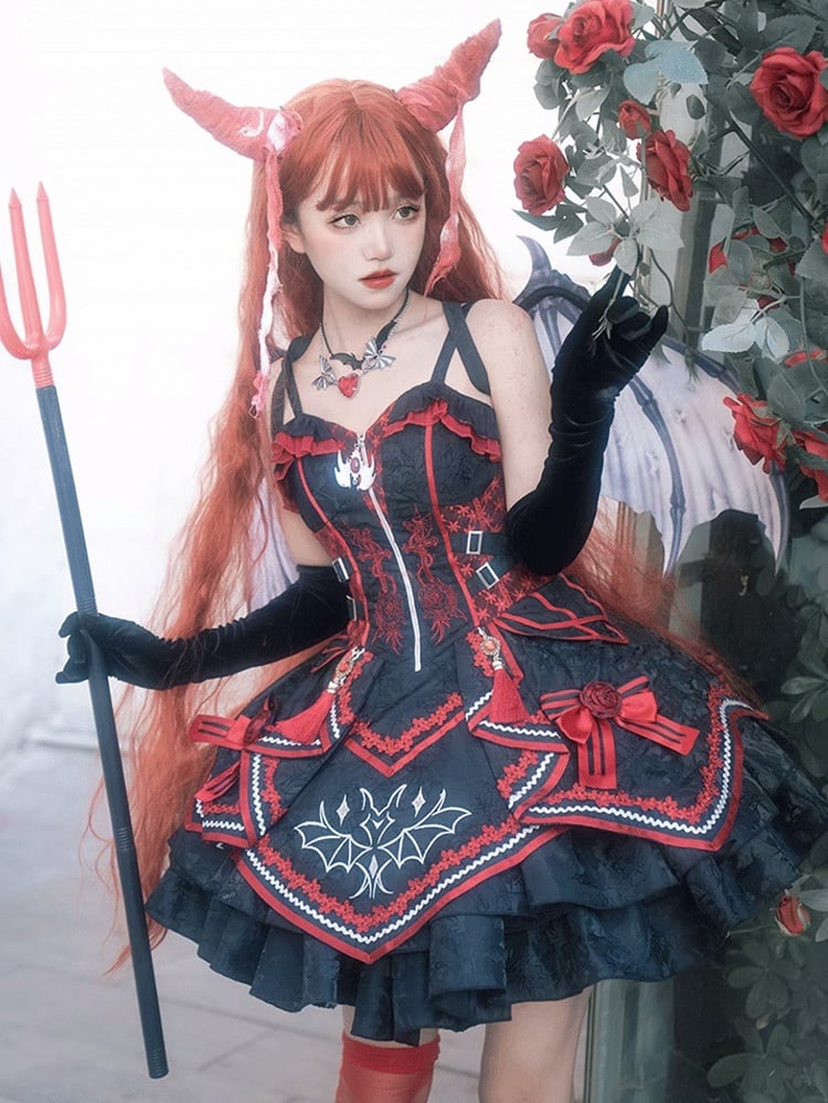 Gothic Bat Black Cross Embroidery Lolita Front Red JSK and Buckle Side Zip