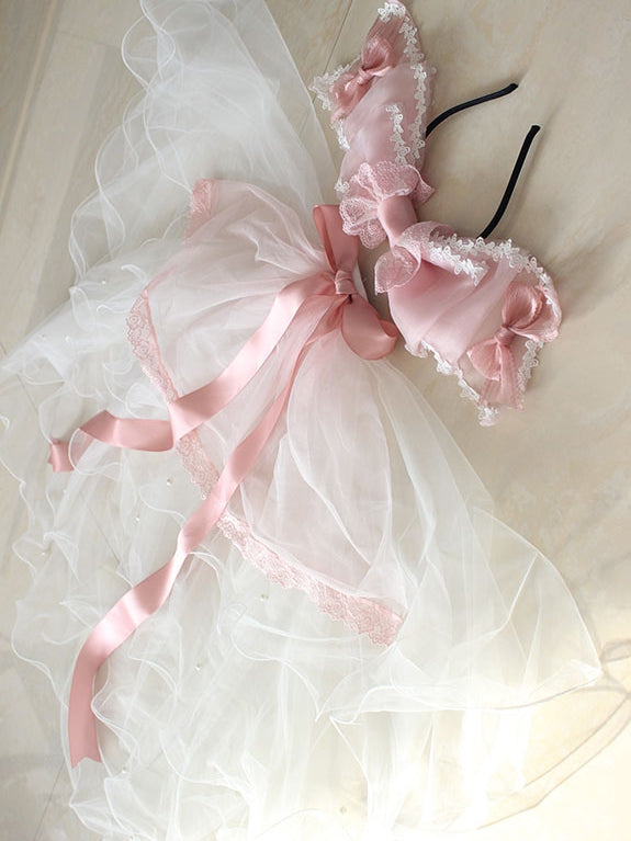 ピンクの蝶結びディテール、レーストリム、ベール付きKC