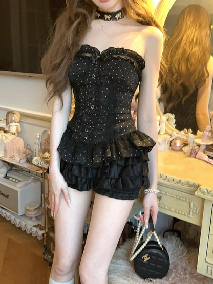 Korsett Stickerei Schleife Schwarz Spitze Bustier Mit Abnehmbaren Blumen Rüschen